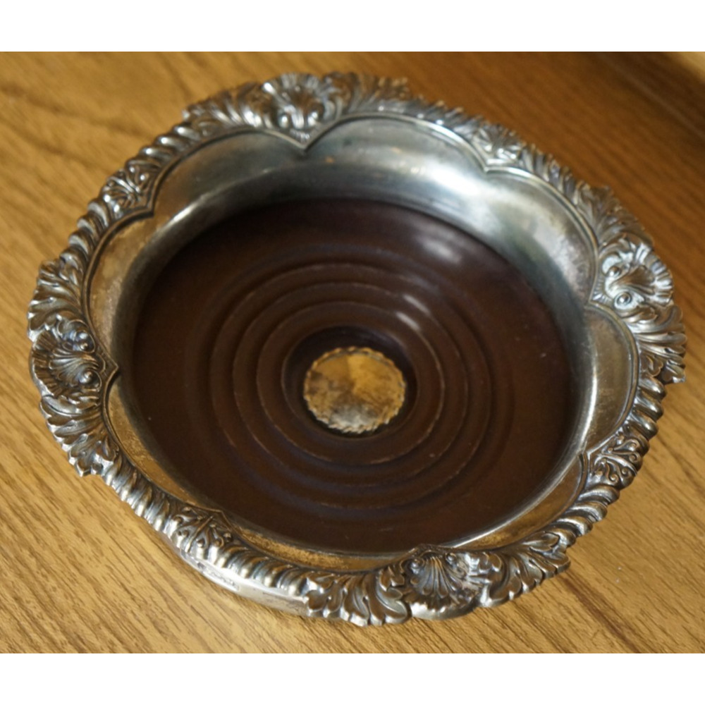 Vintage Silver Plate Wine Bottle Coaster with Wood Base